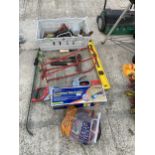 AN ASSORTMENT OF ITEMS TO INCLUDE SADDLE RACK, TOOLS AND JUMP LEADS ETC