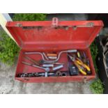 A METAL PROTO TOOL BOX WITH AN ASSORTMENT OF TOOLS TO INCLUDE SOCKETS AND PLIERS ETC