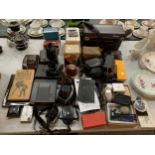 A VERY LARGE AMOUNT OF CAMERAS AND ACCESORIES TO INCLUDE A JUNIOR BROWNIE, ILFORD, OLYMPUS, FLASHES,