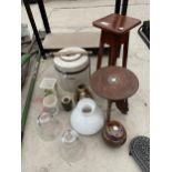 AN ASSORTMENT OF ITEMS TO INCLUDE A PRESERVING JAR, A SCARVED STOOL AND VARIOUS LAMP SHADES