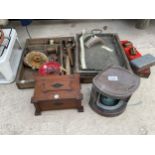 AN ASSORTMENT OF VINTAGE ITEMS TO INCLUDE A SHIPS LIGHT STAMPED PORT, CANDLE HOLDERS AND A TREEN BOX