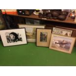 A QUANTITY OF FRAMED PICTURES TO INCLUDE JOHN LENNON, A MAP OF LANCASHIRE, A SPITFIRE, ETC