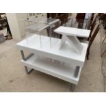 A PAIR OF MELAMINE WHITE COFFEE TABLES ON METAL FRAME LEGS, EACH 48 X 24", SMALL TABLE 20 X 12"