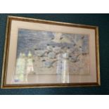 A GILT FRAMED WATERCOLOUR OF SEA BIRDS, INDISTINCTLY SIGNED, 31CM X 54CM