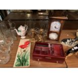 A COLLECTION OF ITEMS TO ICLUDE A CLOCK, TWO GILT CANDLE STICKS (ONE A/F) A DESK TIDY WITH THE