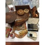 A LARGE AMOUNT OF COLLECTABLES TO INCLUDE TREEN, FLATWARE, VINTAGE CLIPPERS, SINGING ROBINS,