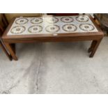 A RETRO TEAK COFFEE TABLE WITH INSET TILED TOP, 44 X 20"