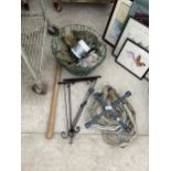 AN ASSORTMENT OF ITEMS TO INCLUDE HANGING BASKETS, HANGING BASKET HOOKS AND A CHAIN ETC