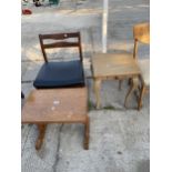 A RETRO TEAK SINGLE DINING CHAIR, BEDSIDE TABLE AND OCCASIONAL TABLE
