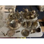 A LARGE AMOUNT OF SILVER PLATED ITEMS TO INCLUDE TEA/COFFEE SETS, CANDLEABRAS, TRAYS, ETC