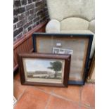 A FRAMED PRINT OF HAMPTON COURT AND A FRAMED TEAPOT COLLAGE