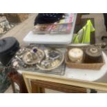 A LARGE COLLECTION OF SILVER PLATE ITEMS TO INCLUDE CHARGERS, NAPKIN RINGS AND FLATWARE ETC