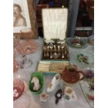 A COLLECTION OF ITEMS TO INCLUDE CRESTEDWARE, A DOULTON STYLE JUG (A/F), TWO SETS OF BOXED VINTAGE