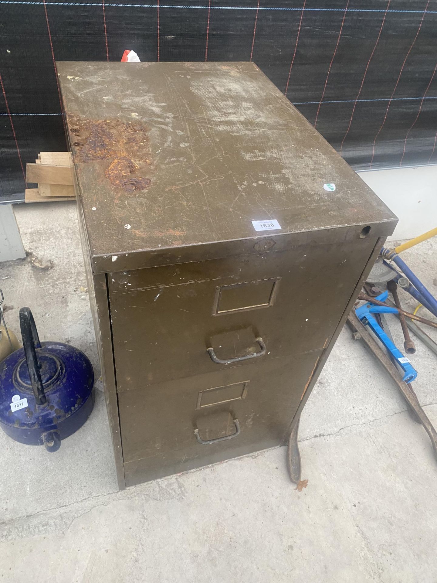 A VINTAGE TWO DRAWER METAL FILING CABINET