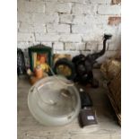 A COLLECTION OF MIXED ITEMS TO INCLUDE VINTAGE GLASS LIGHT SHADE, WOODEN CARVED ELEPHANT, PHOTO