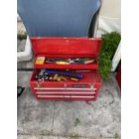 A SENATOR METAL TOOL BOX WITH AN ASSORTMENT OF TOOLS TO INCLUDE SOCKETS, A HAMMER AND SCREW