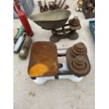 TWO SETS OF VINTAGE KITCHEN SCALES WITH VARIOUS WEIGHTS