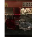 A QUANTITY OF RED AND CLEAR SQUARE GLASS VASES