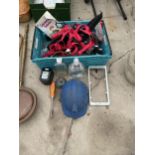 AN ASSORTMENT OF ITEMS TO INCLUDE A HARD HAT, SCREW DRIVERS AND STRAPS ETC
