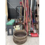 AN ASSORTMENT OF ITEMS TO INCLUDE A EWBANK, GARDEN TOOLS AND SOIL SIEVES ETC