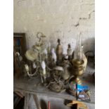 LARGE COLLECTION OF VARIOUS TABLE LAMPS, BRASS OIL LAMP AND TWO CEILING LIGHTS