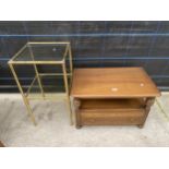 AN ERCOL ELM TV/VIDEO TABLE WITH SINGLE DRAWER AND TRIANGULAR BACK DROP-LEAF, 29" WIDE