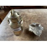 AN UNUSUAL SILVER PLATED MILK CHURN SUGAR CONTAINER AND A LEAF DISH