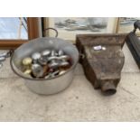 A CAST IRON GUTTER HOPPER, A STAINLESS JAM PAN AND AN ASSORTMENT OF DOOR FURNITURE ETC