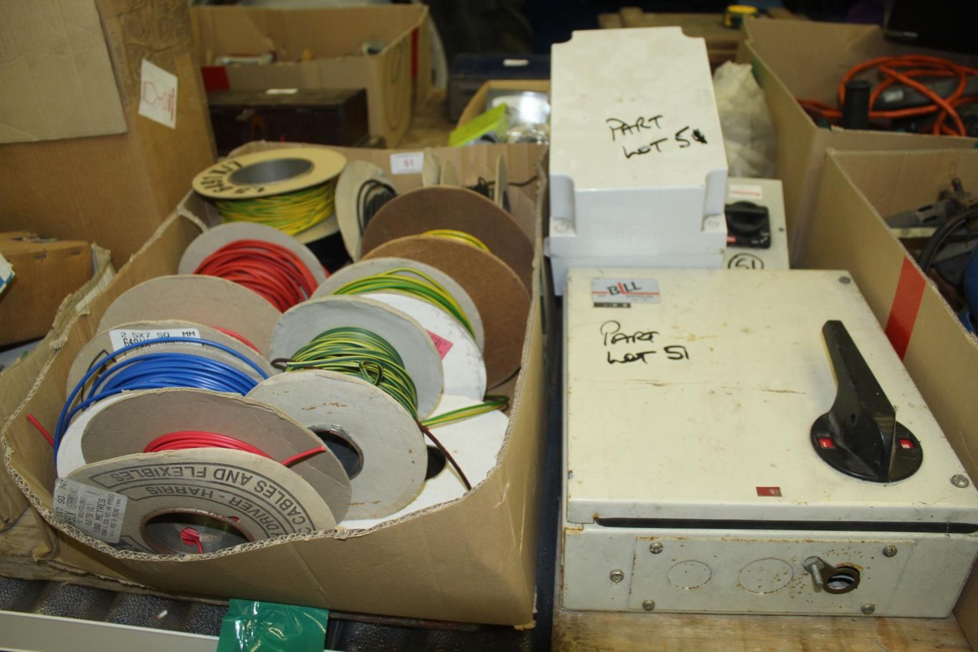 THIRTEEN REELS OF VARIOUS CABLES AND THREE FUSE BOXES