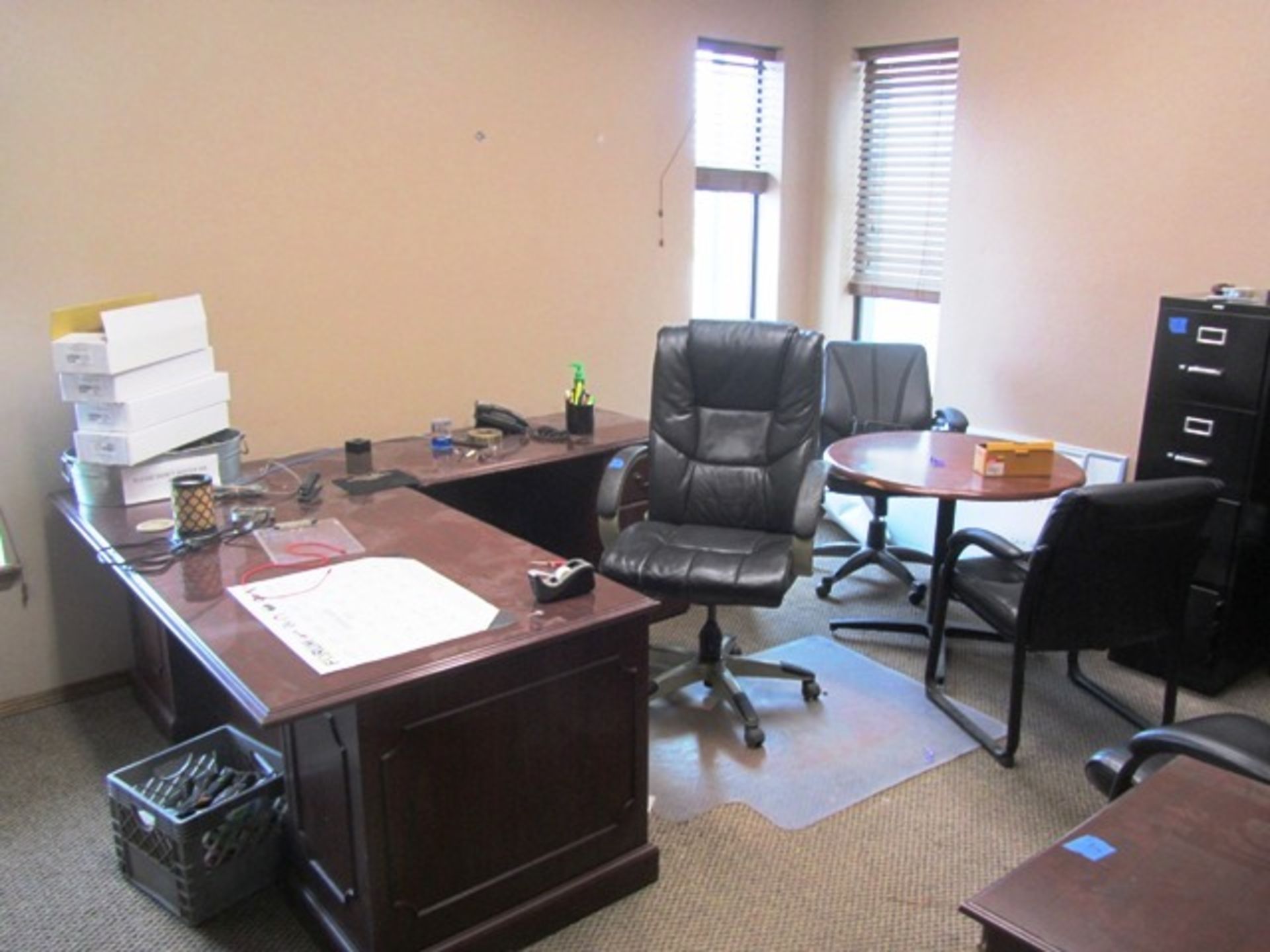 Contents of Office consisting of Right Hand Desk, Chair, Round Table with (4) Chairs, Bookshelf