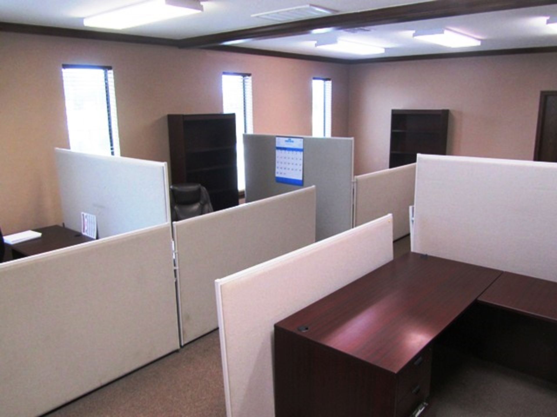 Contents of Office consisting of (4) Desks, Chairs, Bookshelf, Partitions