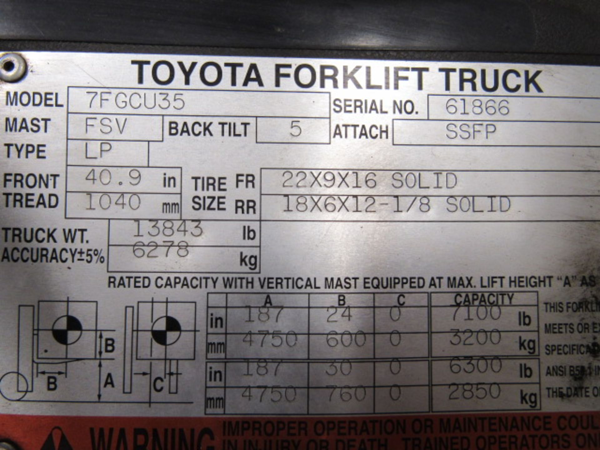 Toyota Model 7FG0035 8,000lb Capacity Propane Forklift - Image 7 of 7