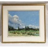 A framed oil on board entitled "Country Vista" by artist Allan Myndzak. Overall size 75cm x 85cm