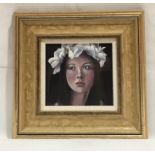 "Crowned" an oil on paper of a young lady by Jo Dixon - Overall size 32cm x 33cm