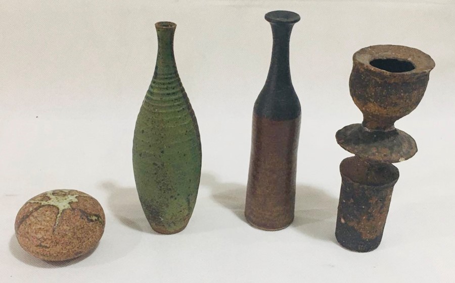 A collection of four studio pottery pieces including a small vase by George Tonkin H21cm, A