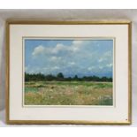 A framed oil on board entitled "Open Fields" by artist Allan Myndzak. Overall size 70cm x 85cm