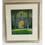 A framed watercolour entitled "The Gate to the Gardens, Castello di Galeazza" by artist Kevin