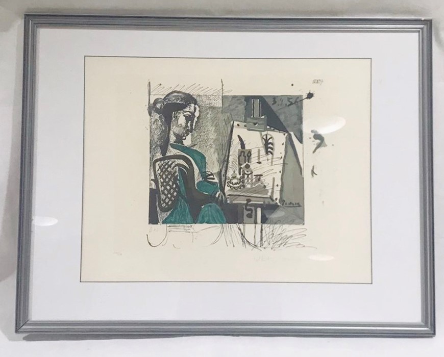 A framed limited edition lithograph entitled "Femme Dans L'Atelier" by Pablo Picasso, numbered 343