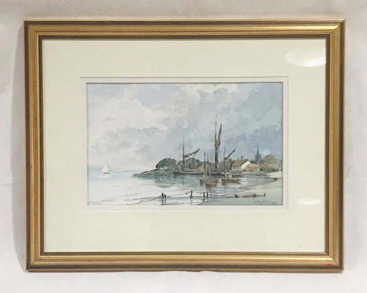 A framed watercolour entitled "Pinmill - Suffolk" signed by artist Brian Giffin, dated May 1997.