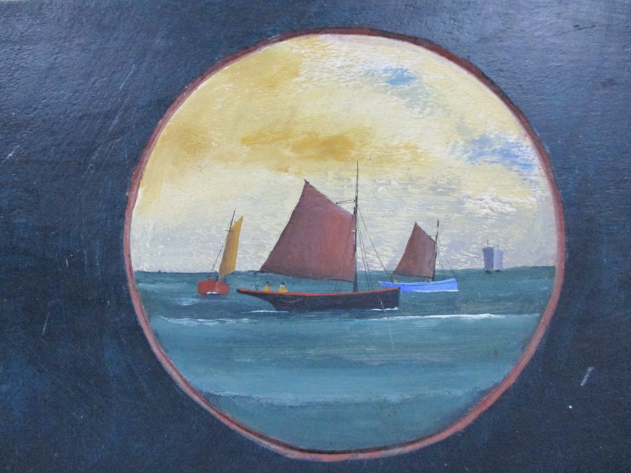 A naïve unsigned oil painting on board of sailing ships at sea - Overall size 20cm x 31cm - Image 2 of 7