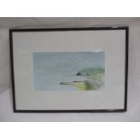 A framed watercolour of a coastal scene by artist A.Daliqaux-Mahaut, dated 1993. Overall size 52cm x