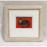A framed watercolour of a tabby cat with a red background, signed by artist Mary Fedden, dated 2004.