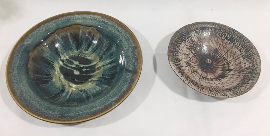 A Michael Morgan studio pottery bowl (chip to rim) W29cm along with a large glazed studio pottery