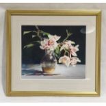 A framed watercolour entitled "Orchids" by artist Kiff Holland. Overall size 49cm x 54cm