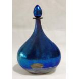 A Siddy Langley studio glass decanter with iridescent blue and ochre "moonrise" detail. Height 30cm