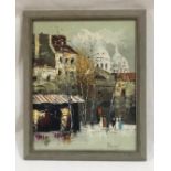 A framed oil on canvas of a French street scene, indistinctly signature. Overall size 57cm x 47cm