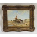 A framed unsigned impressionist oil on board of a beach scene with horses and sailing boat.