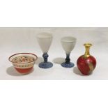 A collection of studio pottery including two goblets, vase and a bowl