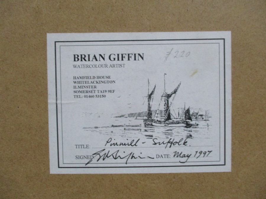 A framed watercolour entitled "Pinmill - Suffolk" signed by artist Brian Giffin, dated May 1997. - Image 8 of 8