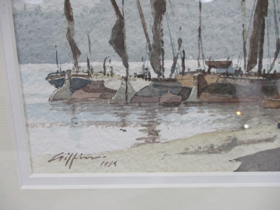 "Thames Barges - Woolwich Reach" a framed watercolour by Brian Giffin, dated 1994 - Overall size - Image 2 of 5